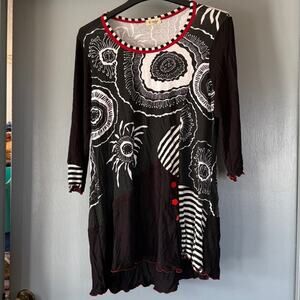 Vtg Cactus Black and White Floral Pullover Top 3/4 Sleeves Red Buttons sz XL USA